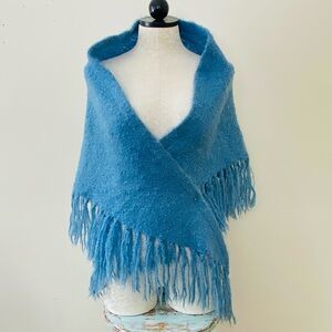 Vintage Glentana Scottish Wool Shawl Wrap Scarf Fringe Blue Mohair